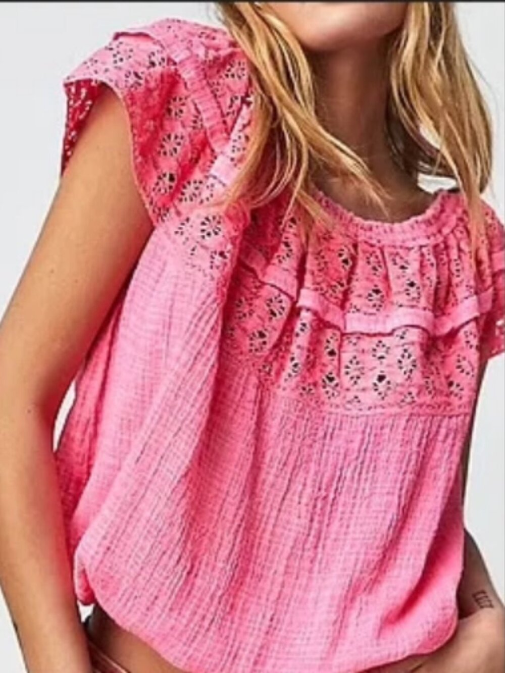 Free People FP One Mariette Top Crochet Lace Drawstring Off Shoulder Neon Pink M
